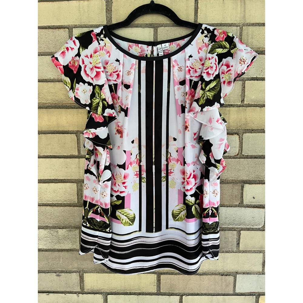 Elle Floral Stripe Ruffle Sleeve Blouse Pink Black White Top Size XS